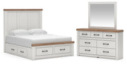 Savonport Queen Panel Storage Bed, Dresser and Mirror in White/Brown - PKG025524