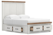 Savonport Queen Panel Storage Bed, Dresser and Mirror in White/Brown - PKG025524
