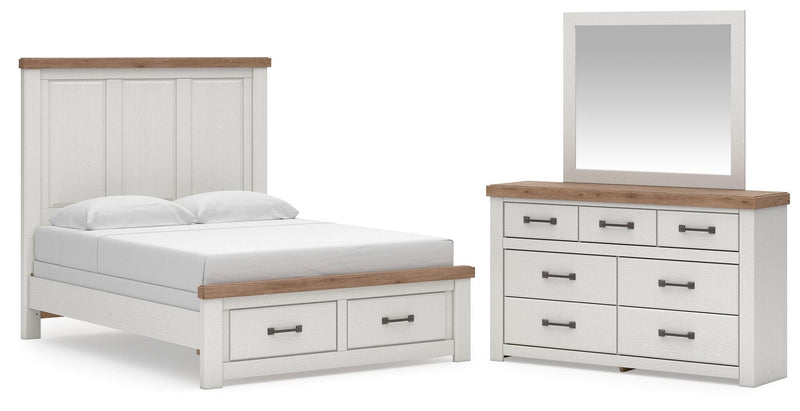 Savonport Queen Panel Storage Bed, Dresser and Mirror in White/Brown - PKG025580