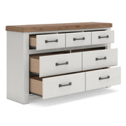 Savonport Queen Panel Storage Bed, Dresser and Nightstand in White/Brown - PKG025531