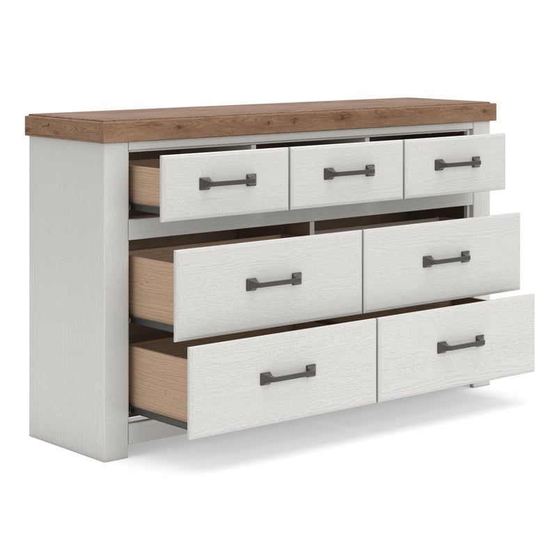 Savonport Queen Panel Storage Bed, Dresser and Nightstand in White/Brown - PKG025531