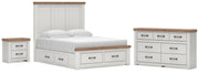 Savonport Queen Panel Storage Bed, Dresser and Nightstand in White/Brown - PKG025531