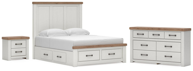 Savonport Queen Panel Storage Bed, Dresser and Nightstand in White/Brown - PKG025531