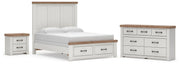 Savonport Queen Panel Storage Bed, Dresser and Nightstand in White/Brown - PKG025587