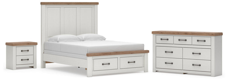 Savonport Queen Panel Storage Bed, Dresser and Nightstand in White/Brown - PKG025587