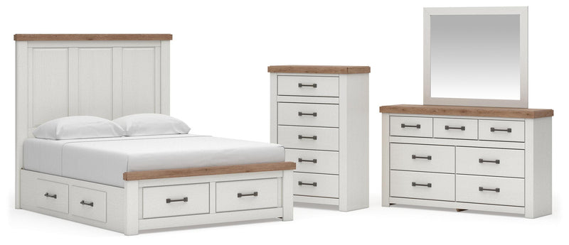 Savonport Queen Panel Storage Bed, Dresser, Mirror and Chest in White/Brown - PKG025528
