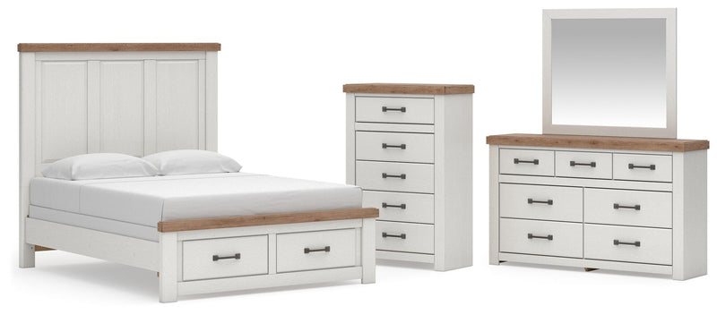 Savonport Queen Panel Storage Bed, Dresser, Mirror and Chest in White/Brown - PKG025584
