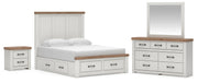 Savonport Queen Panel Storage Bed. Dresser, Mirror and Nightstand in White/Brown - PKG025527