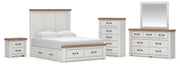 Savonport Queen Panel Storage Bed, Dresser, Mirror, Chest and Nightstand in White/Brown - PKG025529