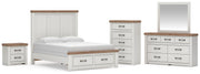 Savonport Queen Panel Storage Bed, Dresser, Mirror, Chest and Nightstand in White/Brown - PKG025585