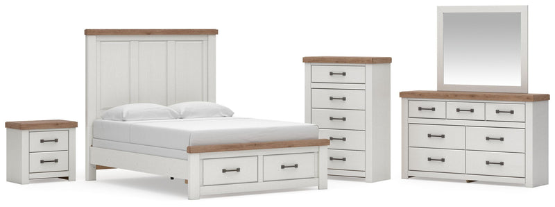 Savonport Queen Panel Storage Bed, Dresser, Mirror, Chest and Nightstand in White/Brown - PKG025585