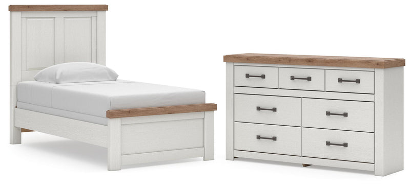 Savonport Twin Panel Bed and Dresser in White/Brown - PKG025546