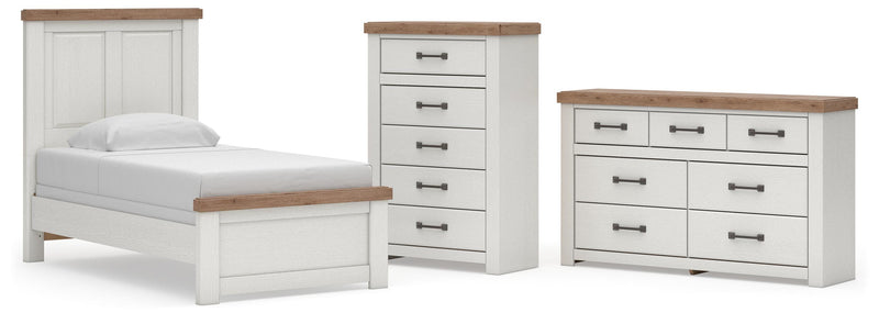 Savonport Twin Panel Bed, Dresser and Chest in White/Brown - PKG025541