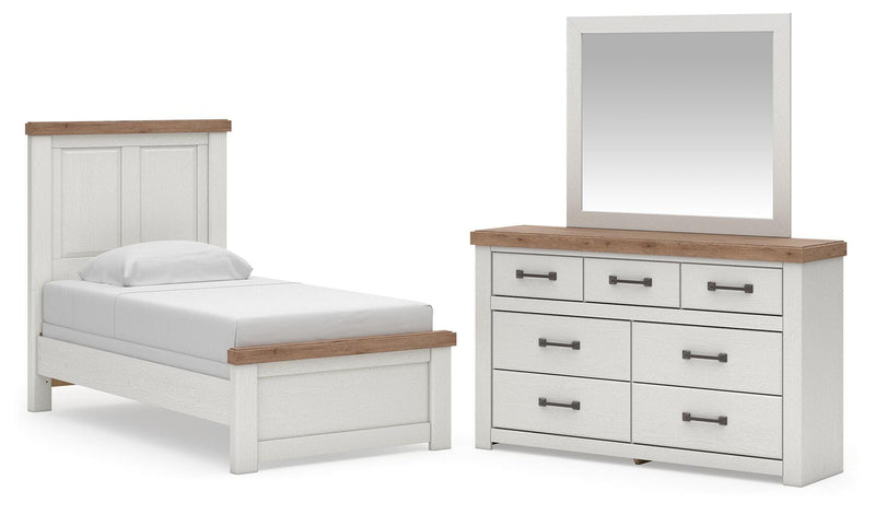 Savonport Twin Panel Bed, Dresser and Mirror in White/Brown - PKG025540