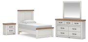 Savonport Twin Panel Bed. Dresser, Mirror and Nightstand in White/Brown - PKG025543
