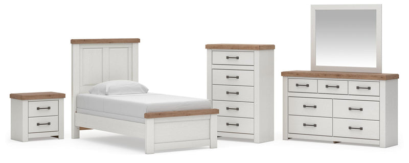 Savonport Twin Panel Bed, Dresser, Mirror, Chest and Nightstand in White/Brown - PKG025545