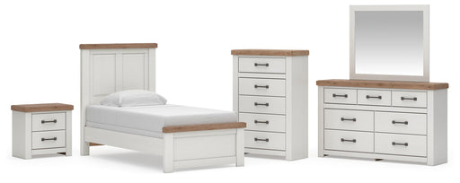 Savonport Twin Panel Bed, Dresser, Mirror, Chest and Nightstand in White/Brown - PKG025545