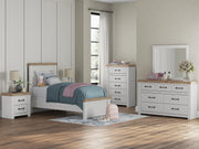 Savonport Twin Panel Bed, Dresser, Mirror, Chest and Nightstand in White/Brown - PKG025545