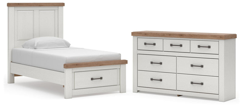 Savonport Twin Panel Storage Bed and Dresser in White/Brown - PKG025570
