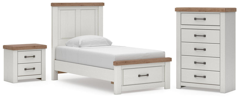 Savonport Twin Panel Storage Bed, Chest and Nightstand in White/Brown - PKG025566