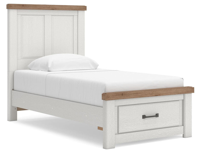 Savonport Twin Panel Storage Bed, Chest and Nightstand in White/Brown - PKG025566