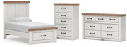 Savonport Twin Panel Storage Bed, Dresser and Chest in White/Brown - PKG025565