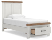 Savonport Twin Panel Storage Bed, Dresser and Mirror in White/Brown - PKG025564