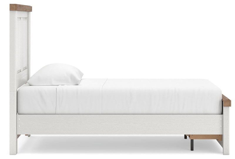 Savonport Twin Panel Storage Bed, Dresser and Mirror in White/Brown - PKG025564