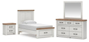 Savonport Twin Panel Storage Bed. Dresser, Mirror and Nightstand in White/Brown - PKG025567