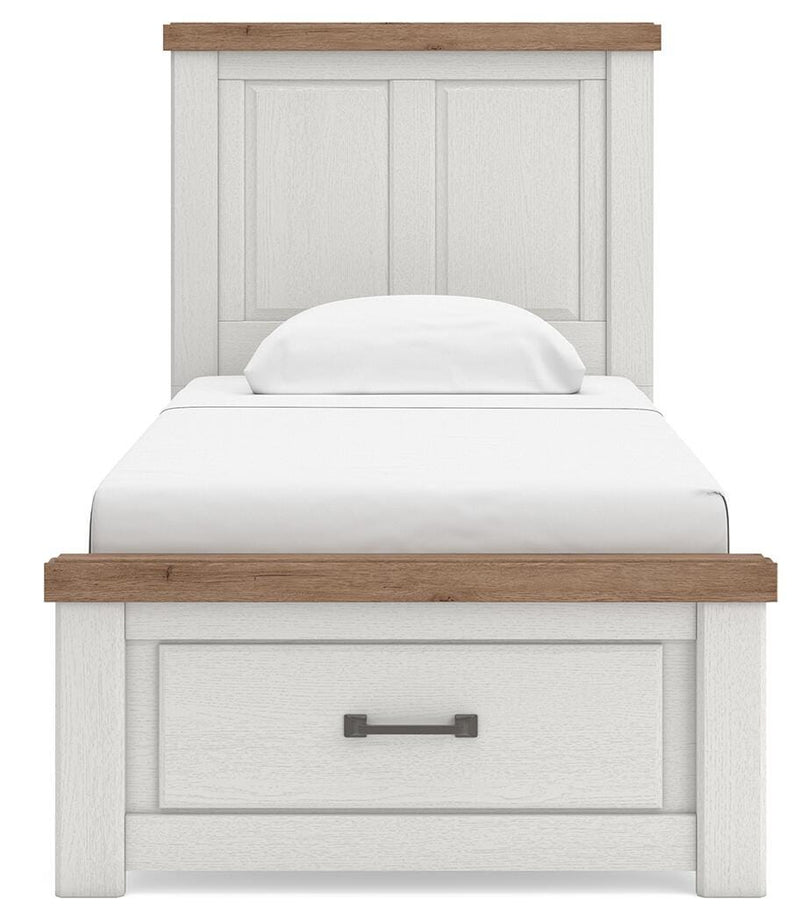 Savonport Twin Panel Storage Bed, Dresser, Mirror, Chest and Nightstand in White/Brown - PKG025569