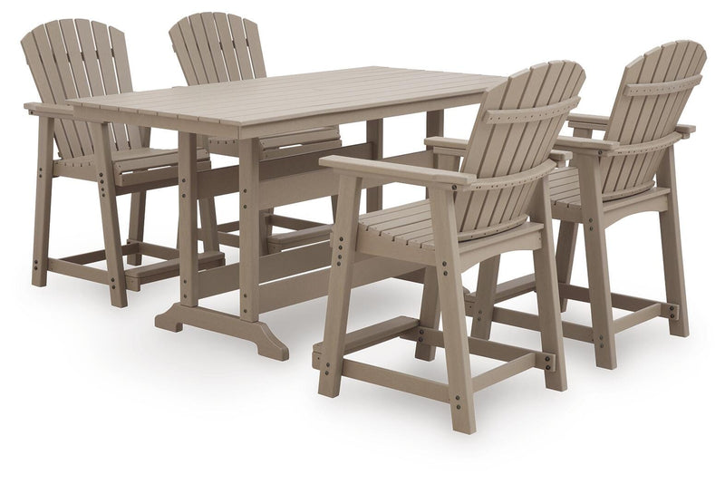 Seacliff Beach Outdoor Counter Height Dining Table and 4 Barstools in Medium Brown - PKG024027