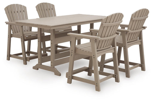 Seacliff Beach Outdoor Counter Height Dining Table and 4 Barstools in Medium Brown - PKG024027