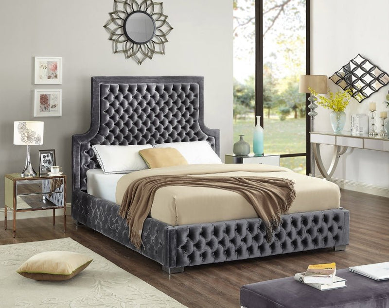 Sedona Velvet Queen Bed Grey - Gate FurnitureQueen Bed