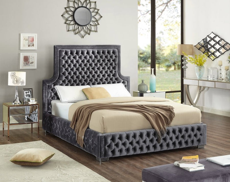 Sedona Velvet Queen Bed Grey - Gate FurnitureQueen Bed