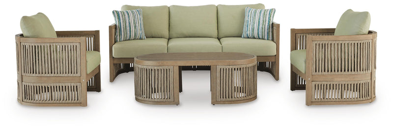Serena Shores Outdoor Sofa and 2 Chairs with Coffee Table in Beige/Green - PKG023981