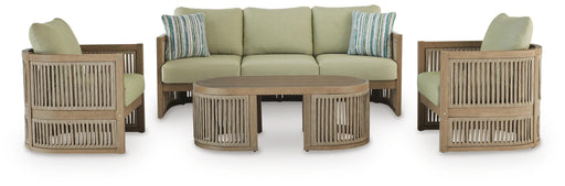 Serena Shores Outdoor Sofa and 2 Chairs with Coffee Table in Beige/Green - PKG023981