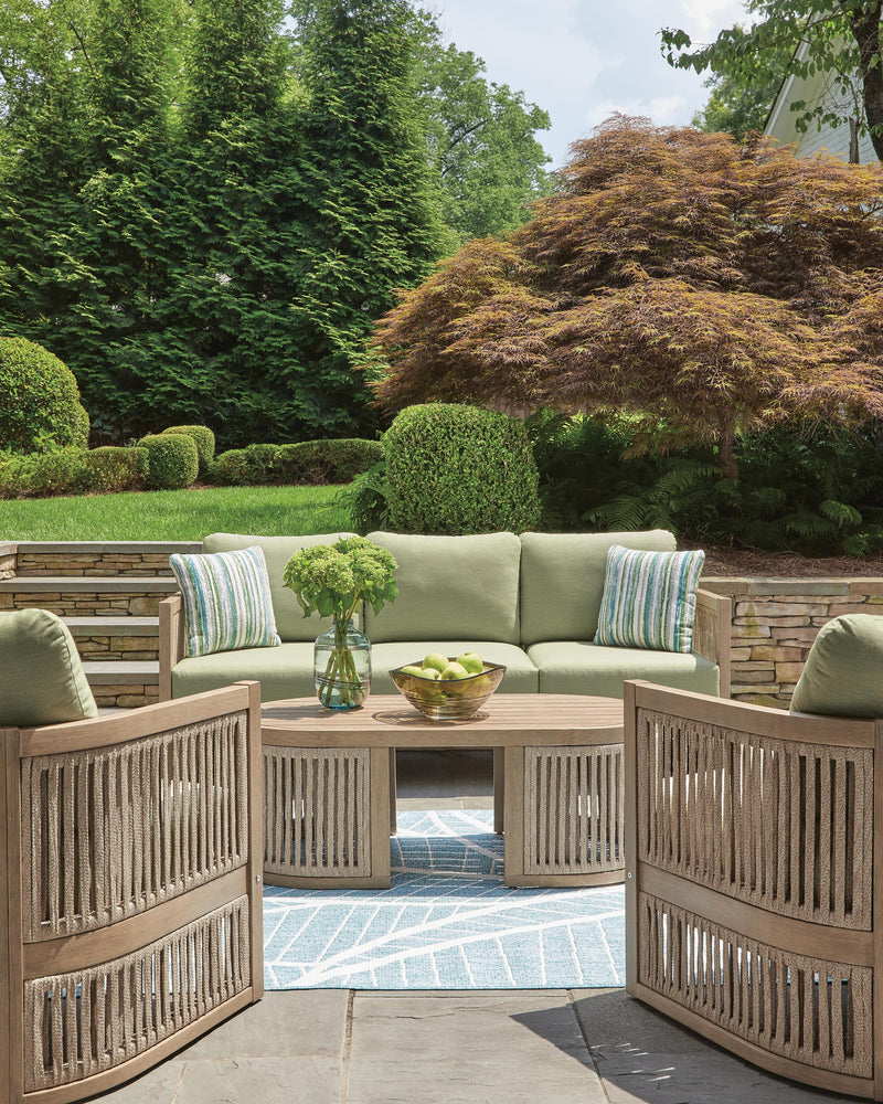 Serena Shores Outdoor Sofa and 2 Chairs with Coffee Table in Beige/Green - PKG023981