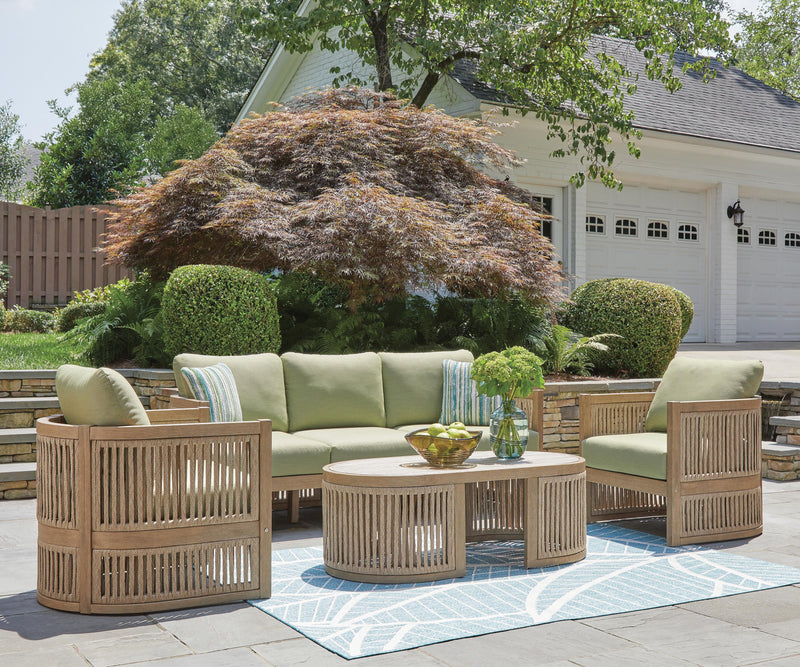Serena Shores Outdoor Sofa and 2 Chairs with Coffee Table in Beige/Green - PKG023981