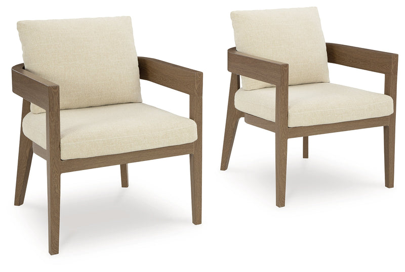 Serene Bay Dark Brown/White Outdoor Dining Arm Chair with Cushion (Set of 2) - P671-601A