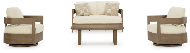 Serene Bay Outdoor Loveseat and 2 Chairs with Coffee Table in Dark Brown/White from Ashley - Luna Furniture