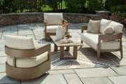 Serene Bay Outdoor Loveseat and 2 Chairs with Coffee Table in Dark Brown/White from Ashley - Luna Furniture