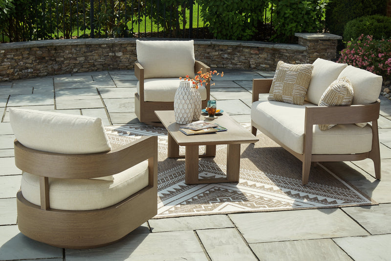 Serene Bay Outdoor Loveseat and 2 Chairs with Coffee Table in Dark Brown/White from Ashley - Luna Furniture