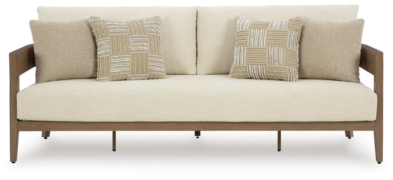 Serene Bay Outdoor Sofa and 2 Chairs with Coffee Table in Dark Brown/White from Ashley - Luna Furniture