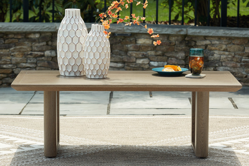 Serene Bay Outdoor Sofa and 2 Chairs with Coffee Table in Dark Brown/White from Ashley - Luna Furniture