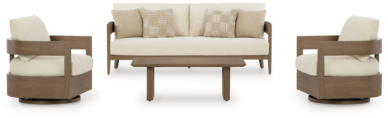 Serene Bay Outdoor Sofa and 2 Chairs with Coffee Table in Dark Brown/White from Ashley - Luna Furniture