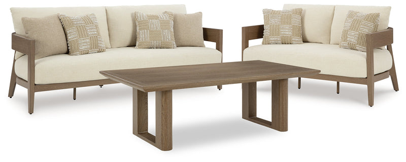 Serene Bay Outdoor Sofa and Loveseat with Coffee Table in Dark Brown/White from Ashley - Luna Furniture