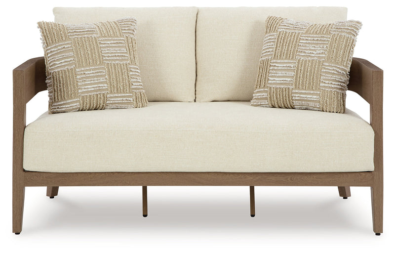 Serene Bay Outdoor Sofa and Loveseat with Coffee Table in Dark Brown/White from Ashley - Luna Furniture