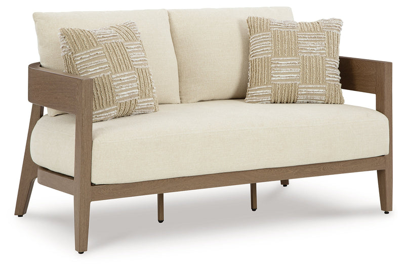 Serene Bay Outdoor Sofa and Loveseat with Coffee Table in Dark Brown/White from Ashley - Luna Furniture
