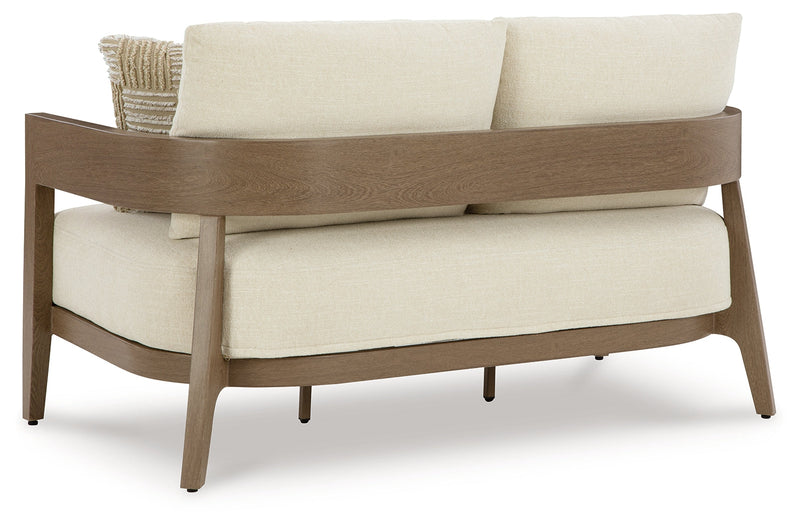 Serene Bay Outdoor Sofa and Loveseat with Coffee Table in Dark Brown/White from Ashley - Luna Furniture