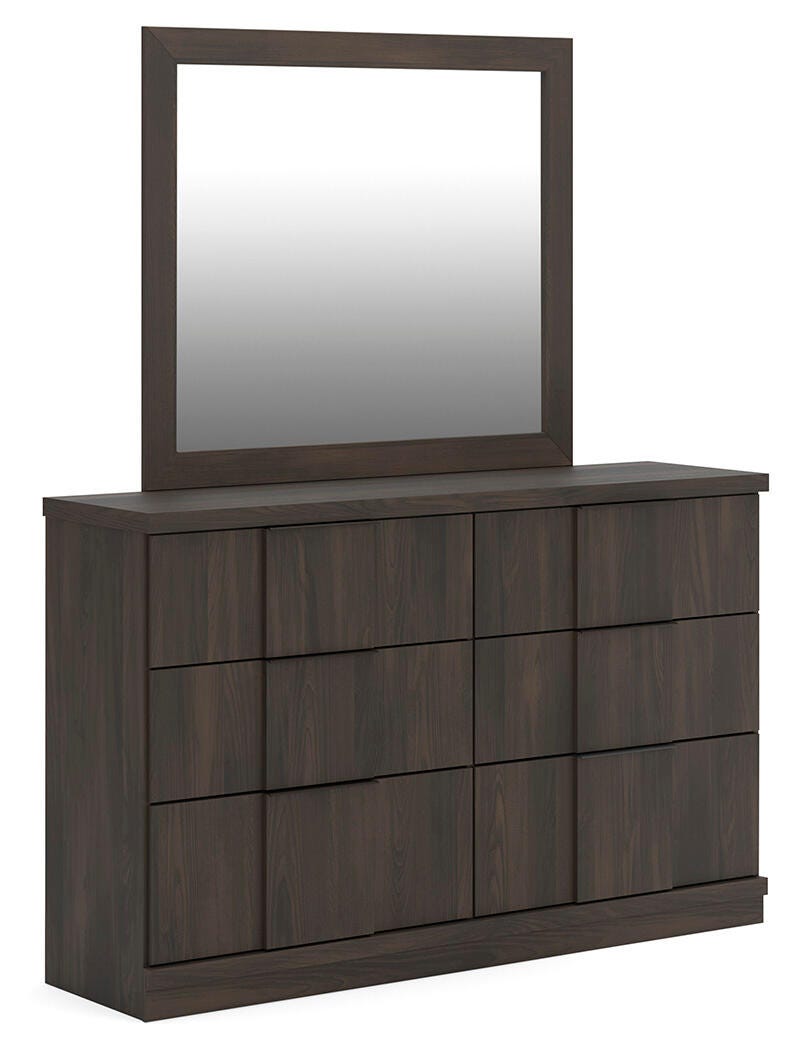 Shaehartin Queen Panel Bed, Dresser and Mirror in Dark Brown - PKG025251